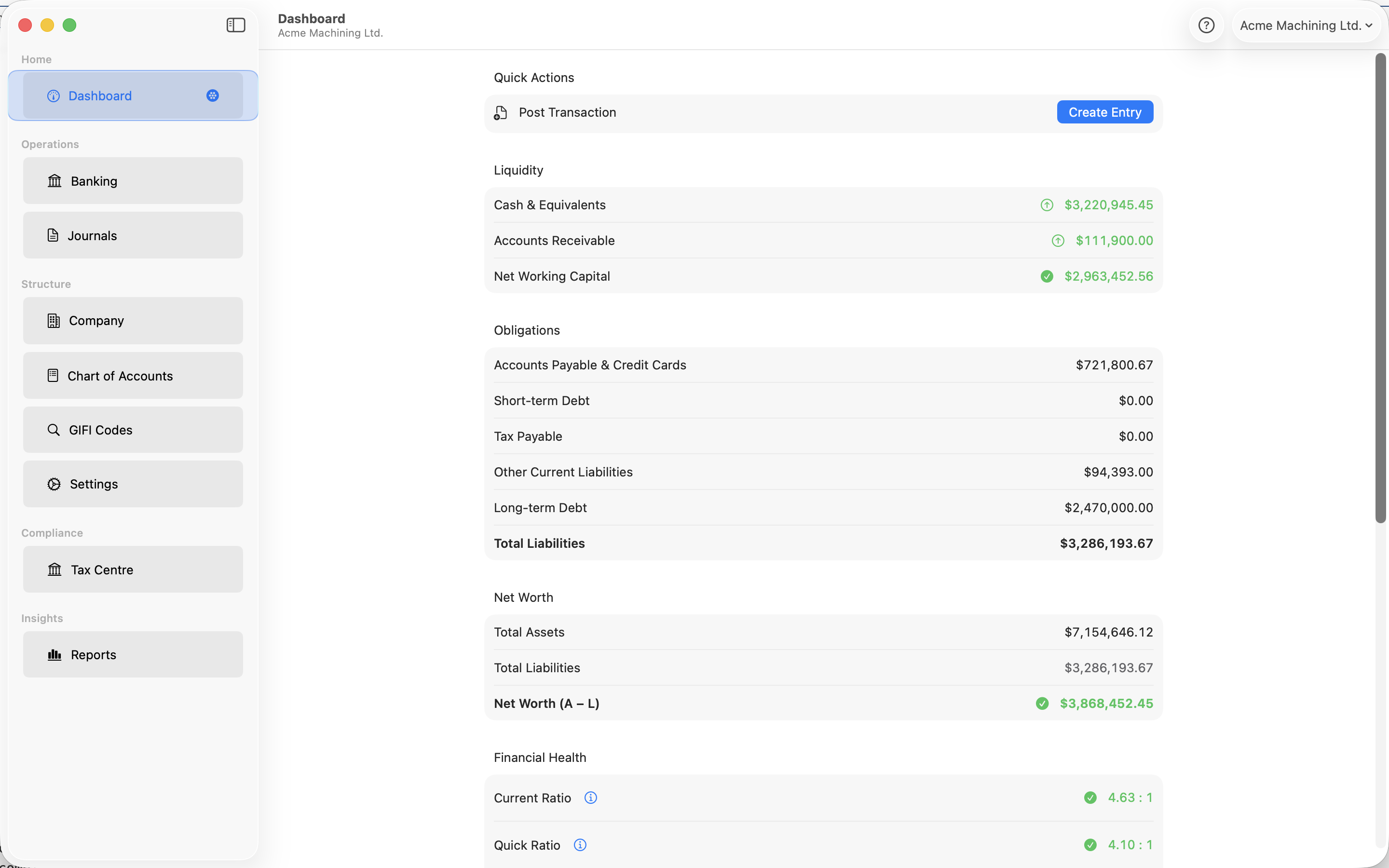 Addsworth dashboard showing quick actions, liquidity, liabilities, and net worth metrics for a company